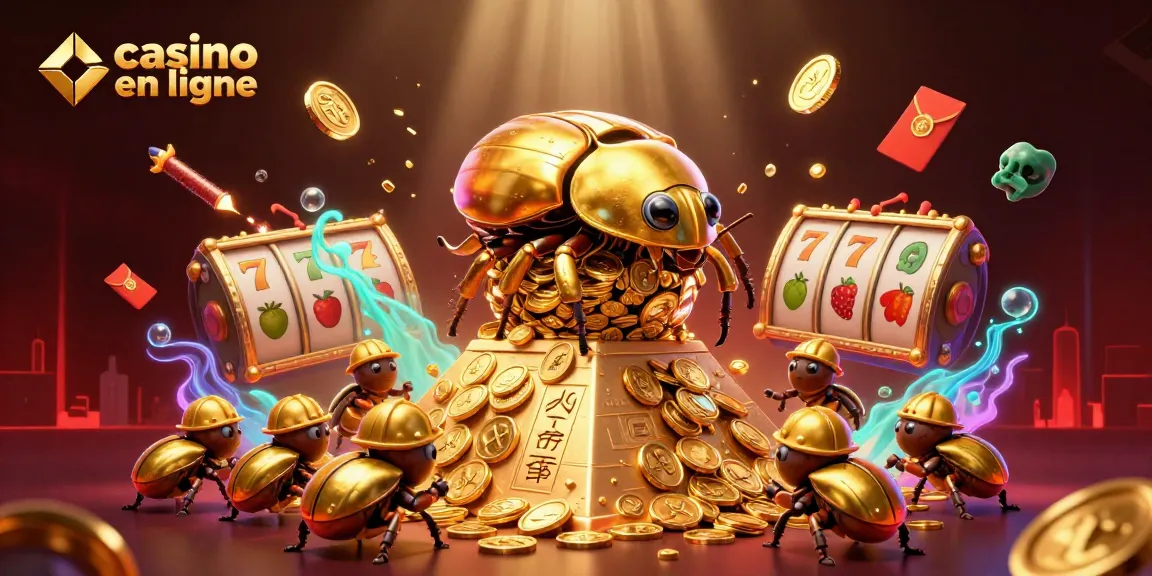 Illustration dynamique illustrant un casino en ligne avec un scarabée doré en action.