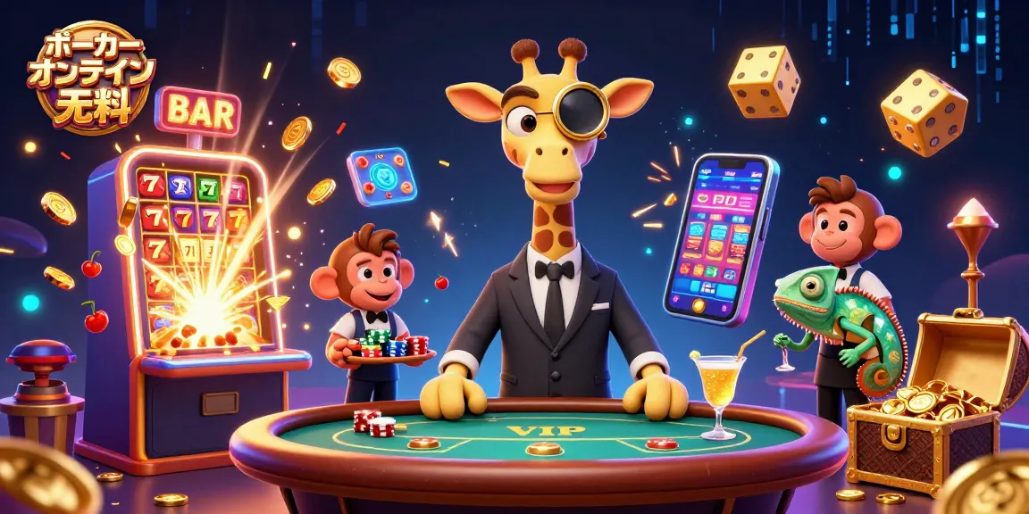 ポーカー オンライン 無料を楽しむ、高級感漂うポーカーテーブルに座るキリンやサルとカメレオンが描かれたイラスト