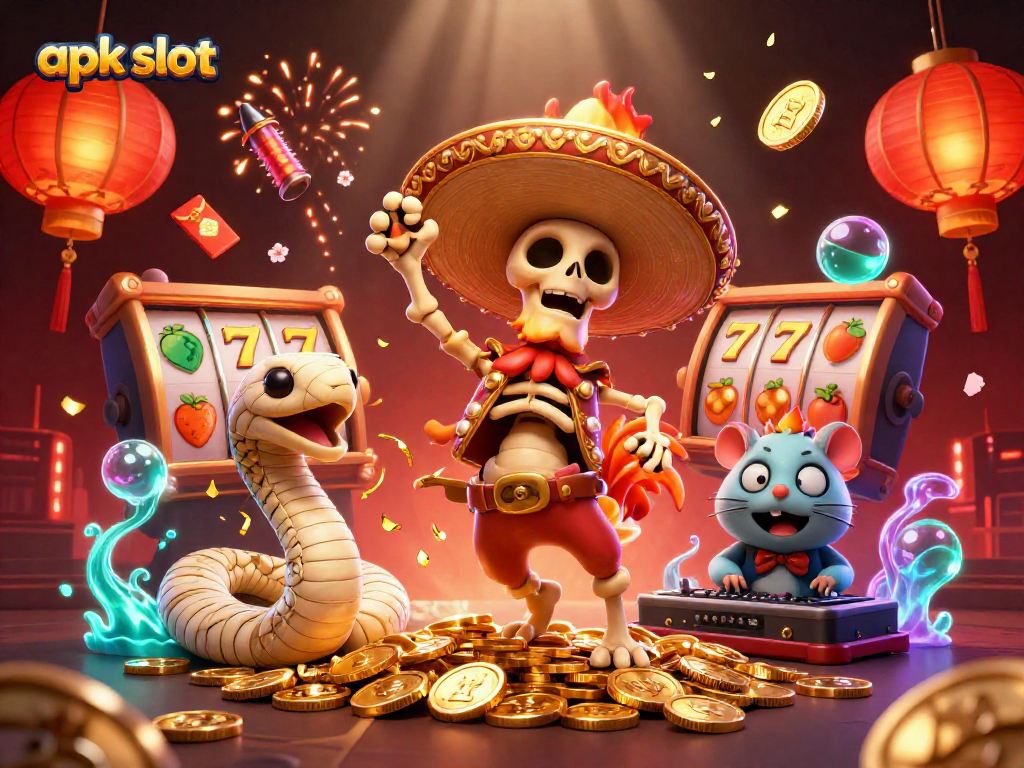 Slot apk menampilkan skeleton kartun dan karakter kasino meriah di tengah koin emas.