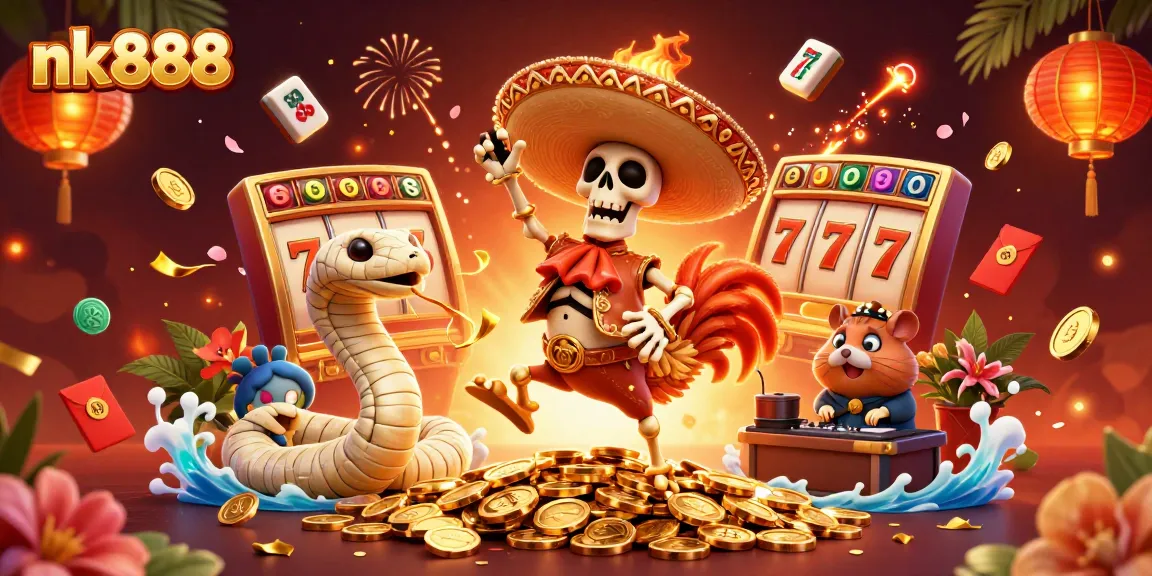 Experience vibrant games at nk888 with a dynamic scene featuring skeletons, gold coins, and festive casino elements.