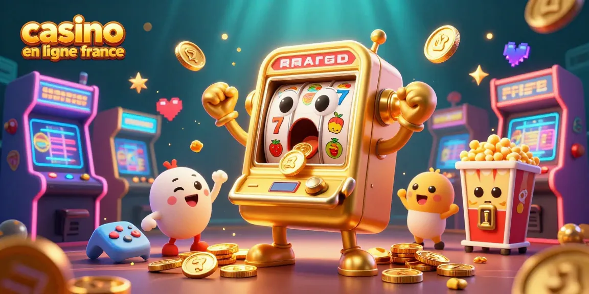 Profitez du casino en ligne France avec des machines à sous dorées et ludiques, des pièces qui tombent, et une ambiance festive.