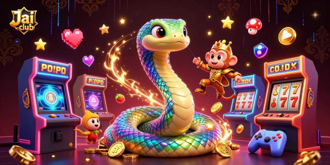 Experience the thrill at Jai club with a vibrant illustration of a rainbow serpent and golden monkey king amidst dynamic slot elements.