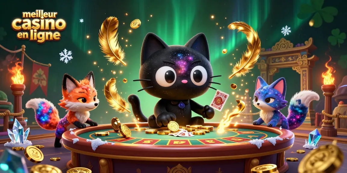 Visuel captivant du meilleur casino en ligne avec un chat noir trou noir et un renard nébuleux, jouant avec des jetons d'or.
