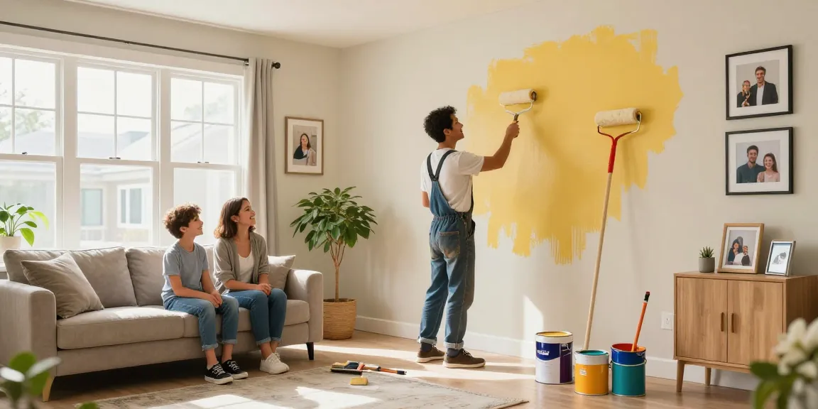 Beaverton house painters transforming a living room with fresh colors, showcasing a happy family admiring their newly painted space.