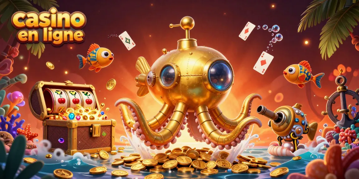 Plongez dans l'univers des casinos en ligne avec un kraken doré, des pièces d'or et des machines à sous.