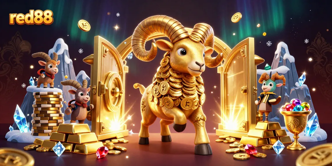 Experience red88's thrilling atmosphere with a golden ram charging through a treasure-filled casino scene.