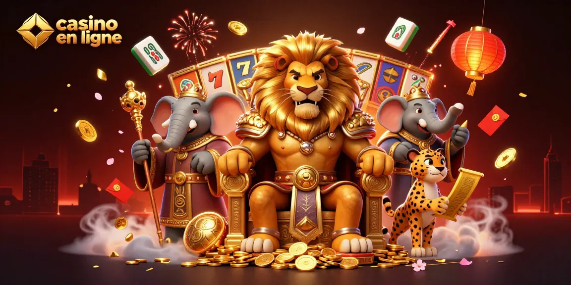 Scène animée illustrant casino en ligne avec roi lion, éléphant sage et guépard messager entourés de symboles de jeu dynamiques.