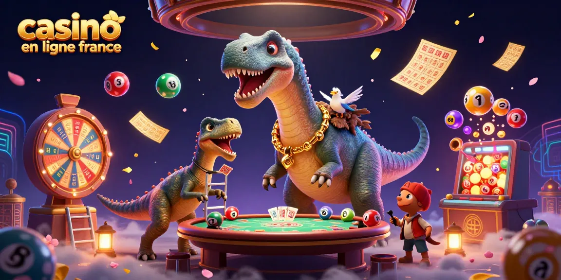 Illustration de casino en ligne France avec des personnages de dinosaures et des éléments de jeu colorés.