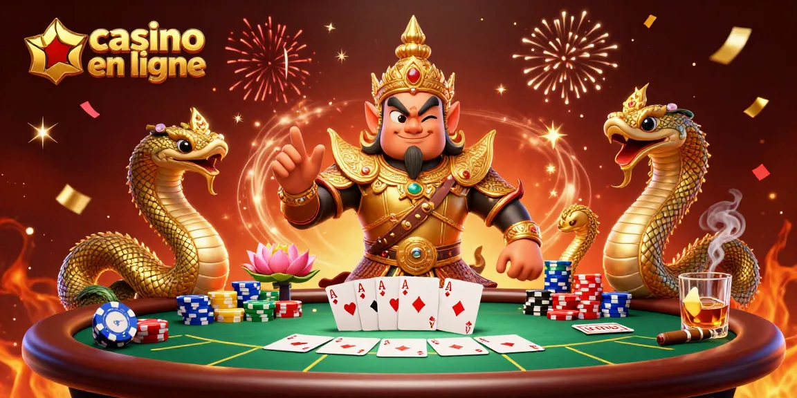 Jouez au casino en ligne avec des gardiens en armure et des serpents Naga dans une scène festive.