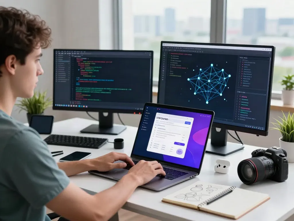 Developer working on v2rayN官网 application in a modern tech workspace.