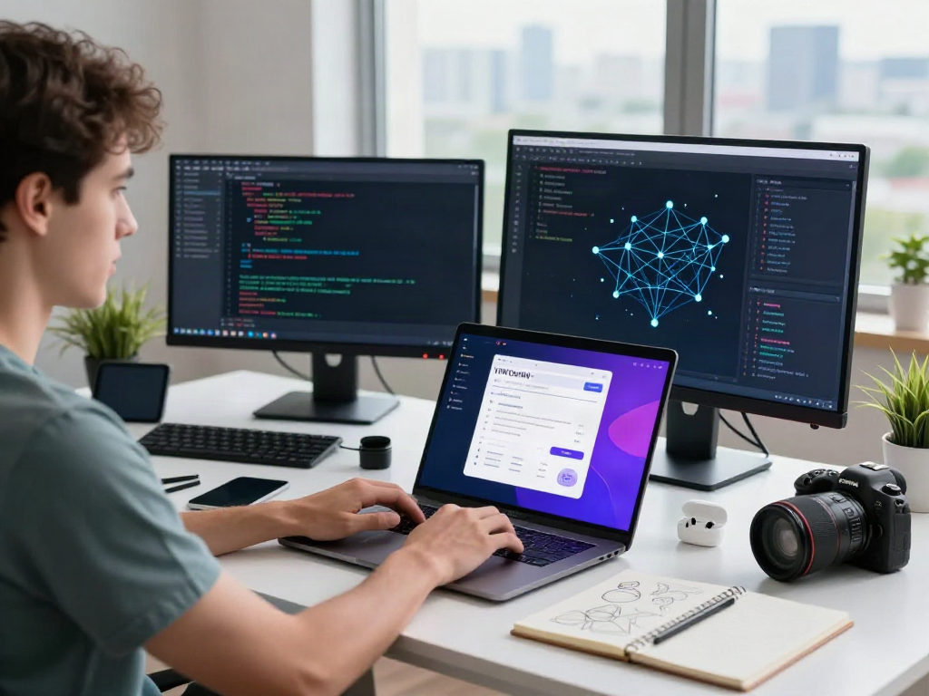 Developer working on v2rayN官网 application in a modern tech workspace.