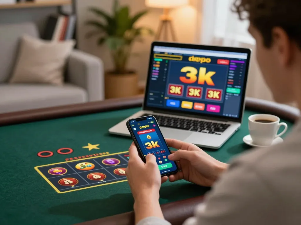 Engaging in slot depo 3k gameplay on a smartphone at home with a laptop displaying strategies.