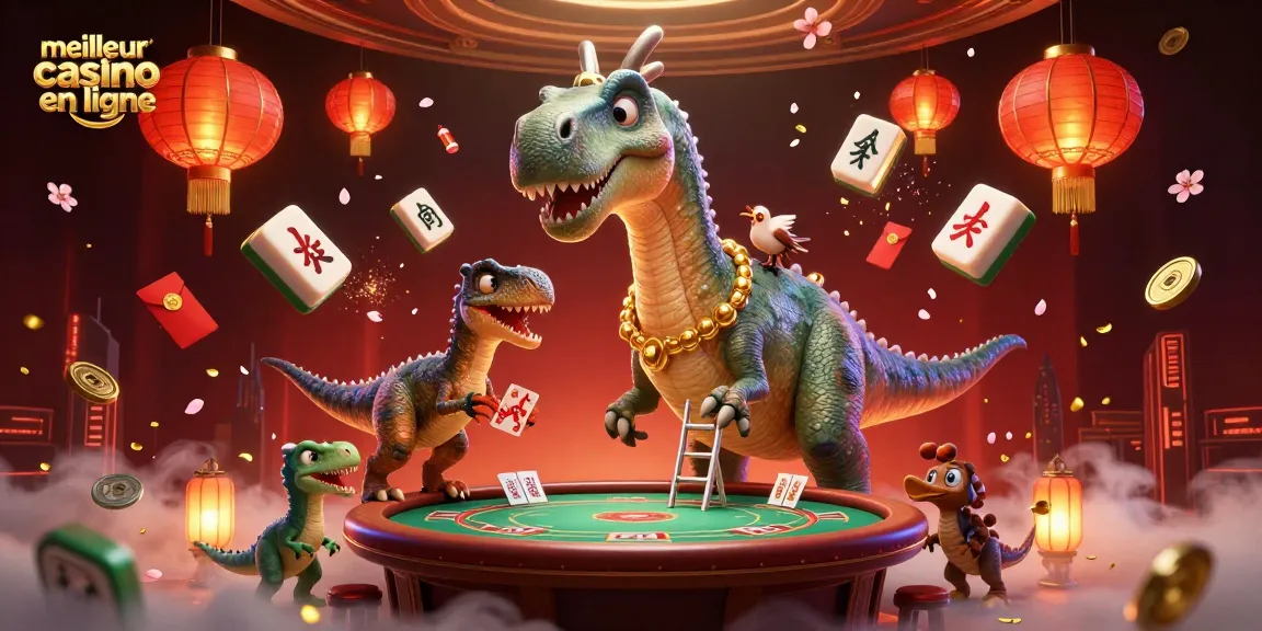 Illustration dynamique d'un brontosaurus au meilleur casino en ligne, avec des jeux de cartes et des éléments asiatiques.