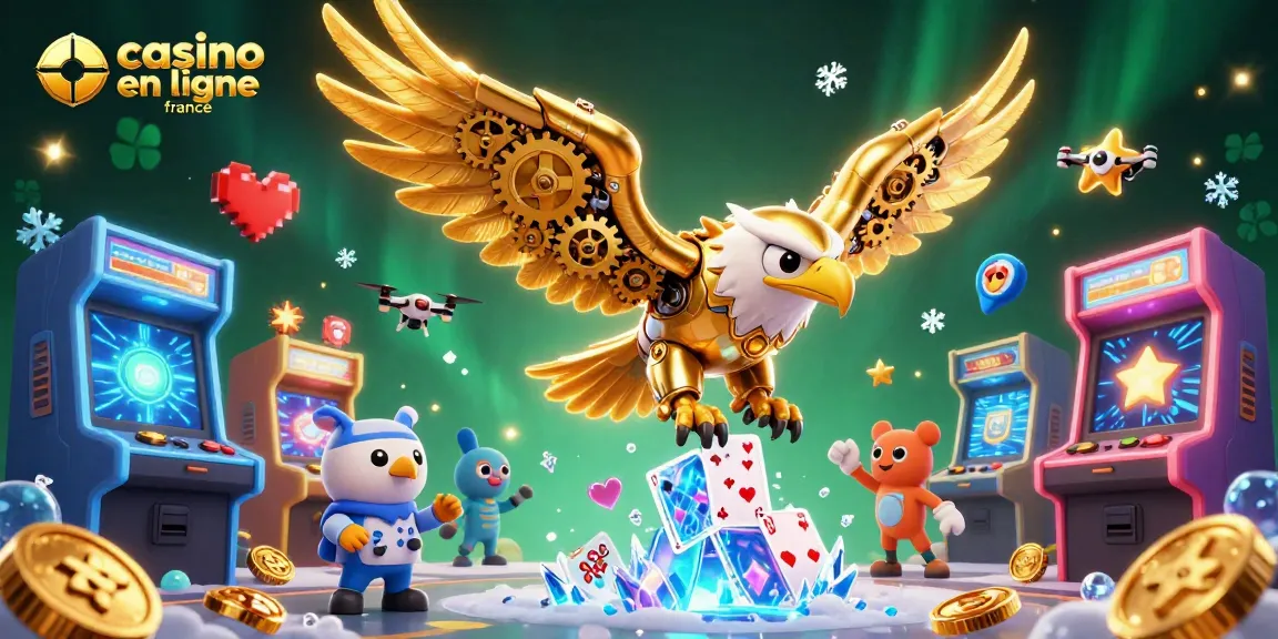 Profitez de l'excitation des jeux avec casino en ligne france, un aigle doré plongeant à travers les cartes holographiques.