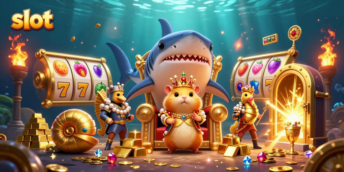 Engage with the slot theme in this vibrant underwater illustration featuring a golden hamster king and treasures