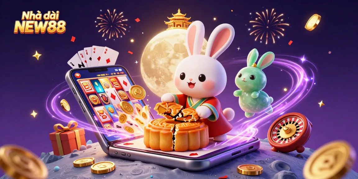 Join the fun with Nhà cái NEW88 in this vibrant casino illustration featuring lively game elements.