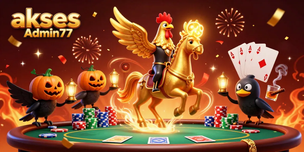 Experience winning excitement with akses Admin77 in a dynamic casino scene featuring unique characters and game elements.