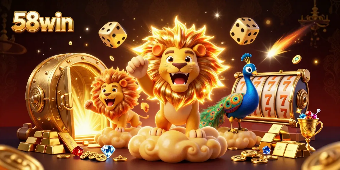 Experience the thrill of winning with 58win in this vibrant 3D casino-themed illustration.