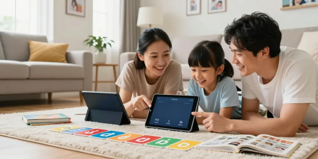 Family engaging in online language learning with Toto online resources in a cozy living room.