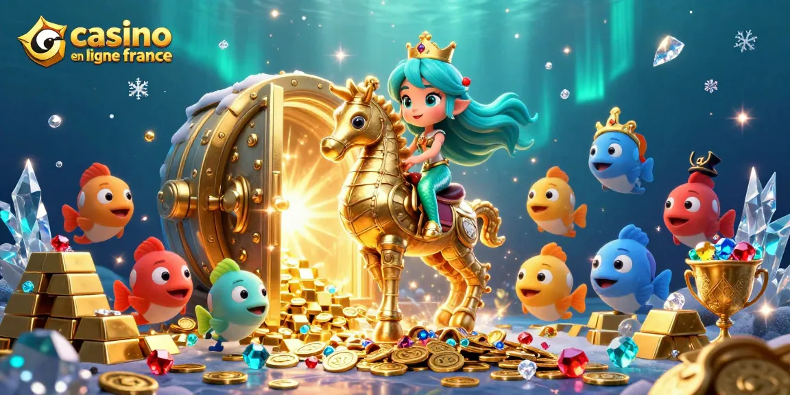 Illustration animée représentant le casino en ligne France avec des personnages colorés et des trésors scintillants.