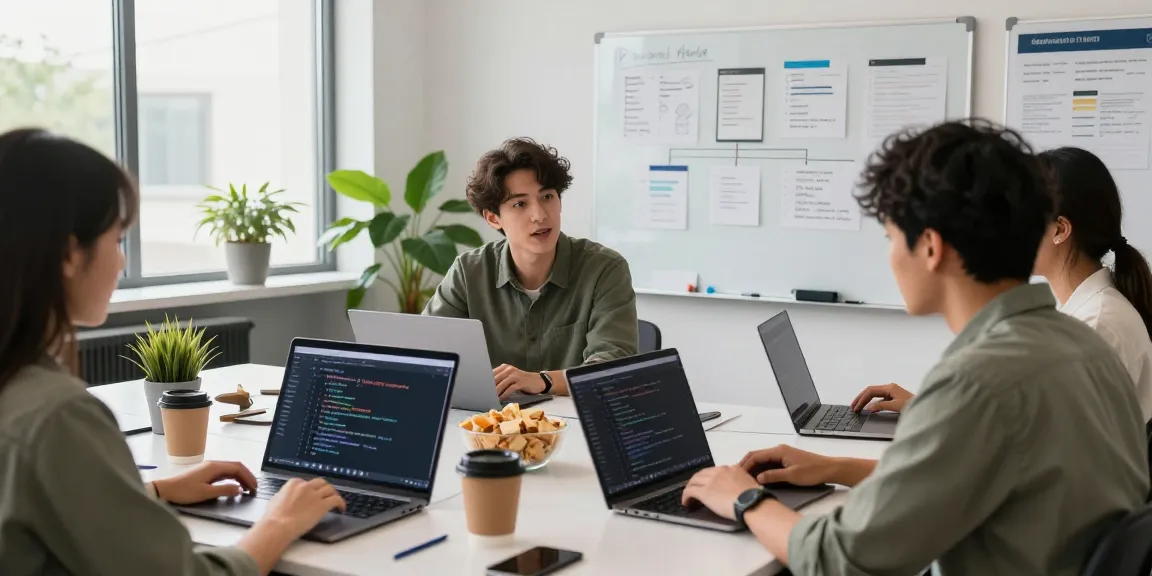 Developer collaboration to publish Android app on Google Play in a bright office setting.