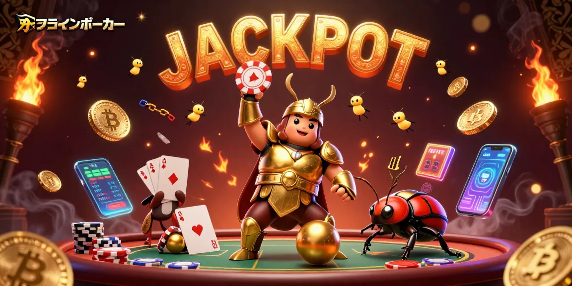オンラインポーカーで勝利を収めるヒーロービートルのイラスト、ポーカー要素が満載。