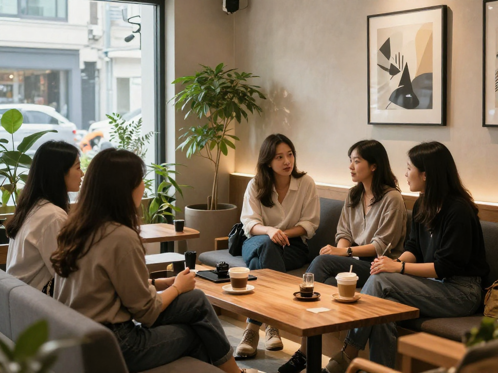 강남쩜오에서 편안한 대화를 나누는 친구들, 아늑한 인테리어와 커피 컵, 따뜻한 분위기