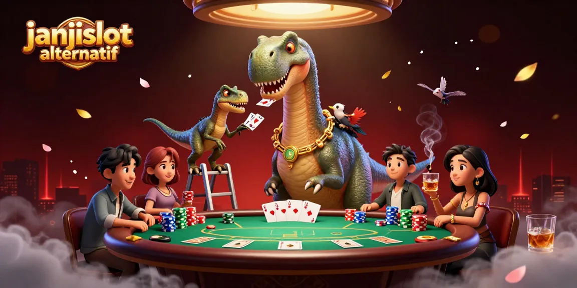 Engage with janjislot alternatif in this vibrant 3D scene featuring dinosaurs and poker, bringing excitement to online gaming.