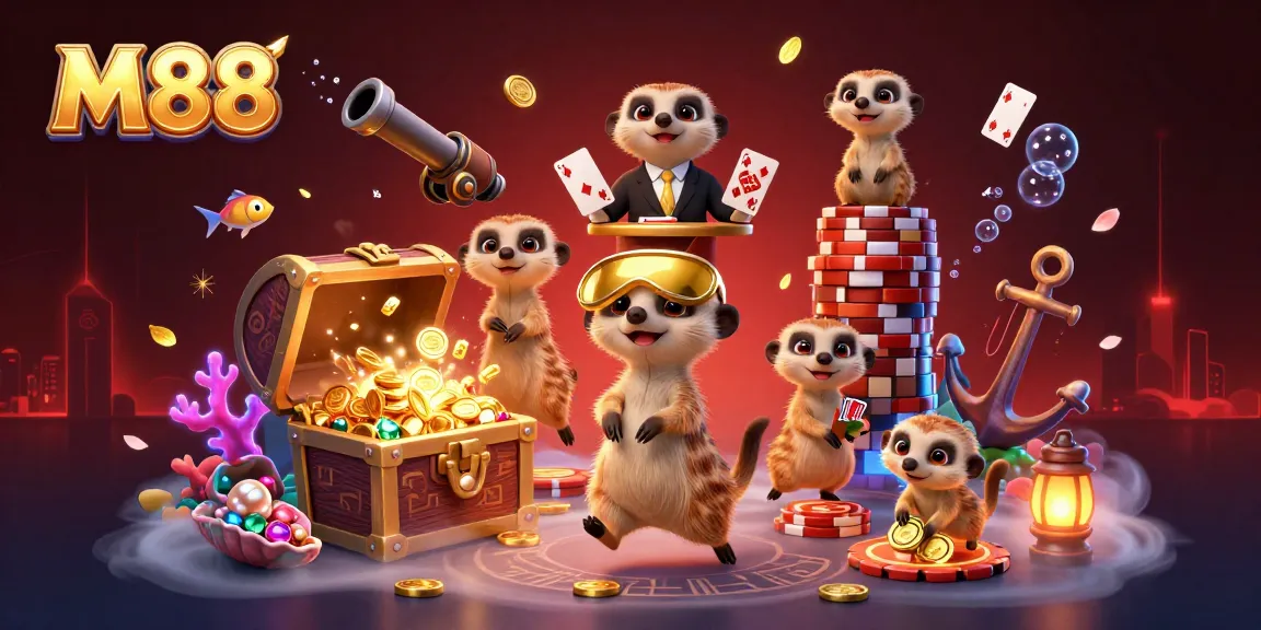 Experience thrilling action at M88 with animated meerkats orchestrating a vibrant casino scene.