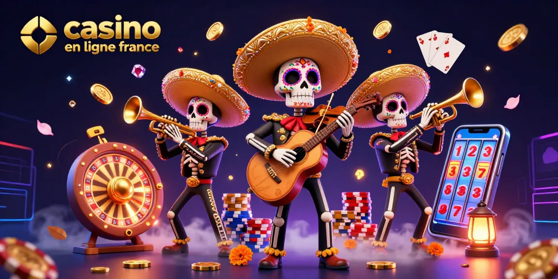 Jouez à des jeux de casino en ligne France avec une scène vibrante de mariachi et de jackpots scintillants.