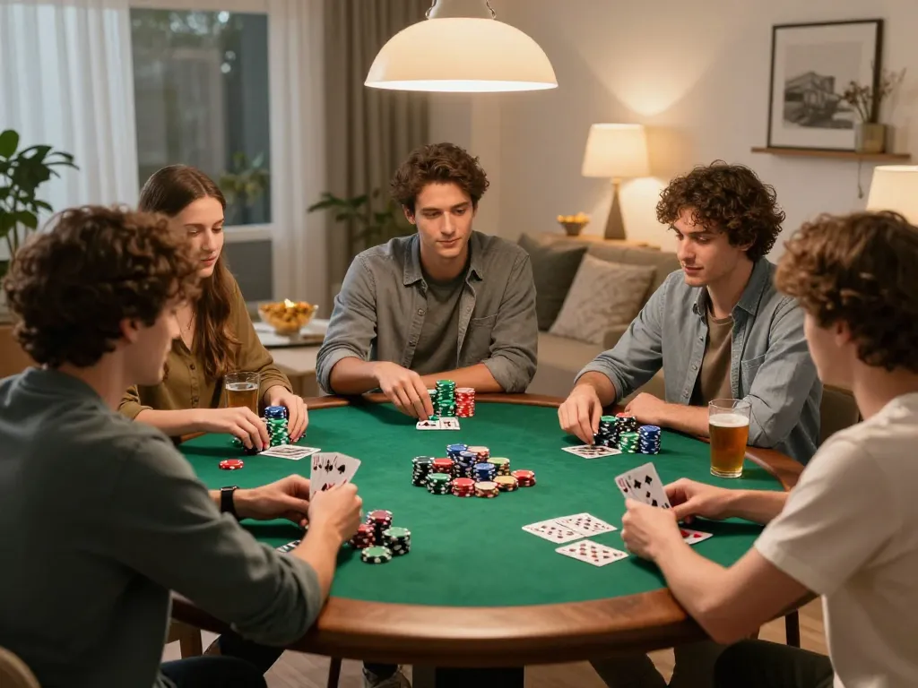 Friends playing poker at home, enjoying a lively game night with TG88 entertainment.