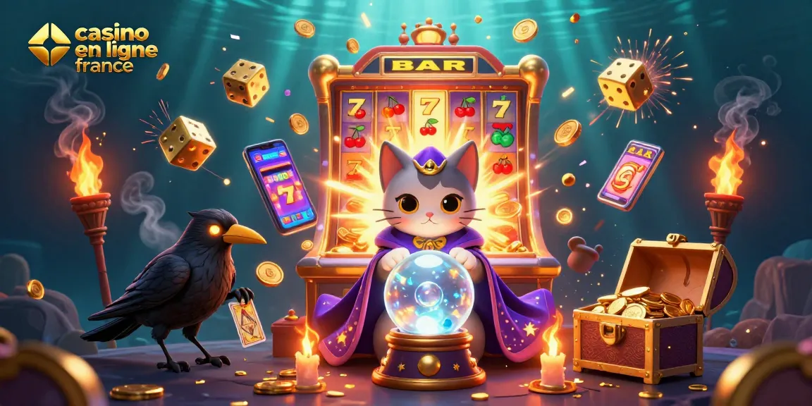 Vivez l'aventure du casino en ligne France avec un chat mystique et des symboles de jackpot captivants.