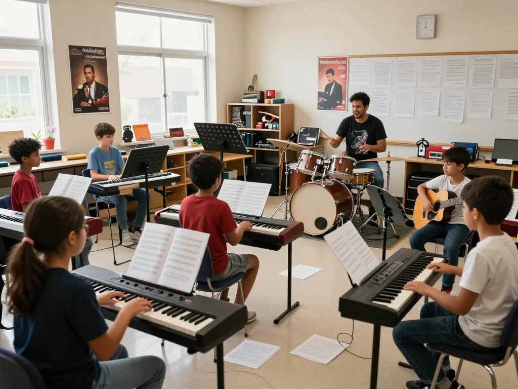 学生が音楽教室で様々な楽器を学んでいる魅力的な音楽教室の画像。