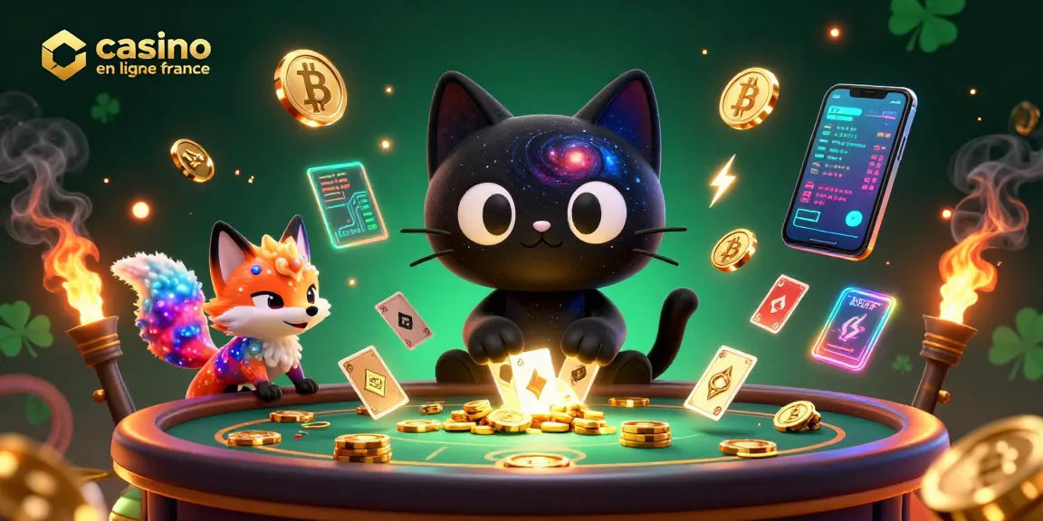 Le chat noir gravitationnel attire les jetons d'or au casino en ligne France, avec des éléments de crypto et effets lumineux.