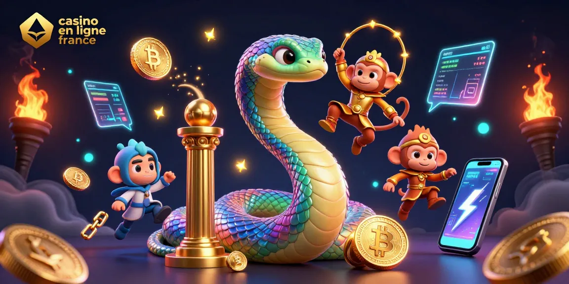 Vivez l'excitation des jeux dans notre illustration de casino en ligne France, avec un serpent arc-en-ciel et un roi singe.