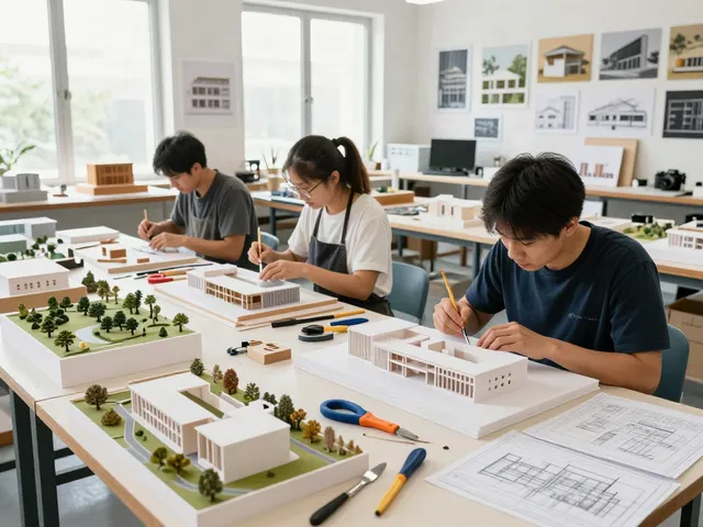 Präzise Architektur Modellbau Duisburg in der Werkstatt mit Handwerkern, die detaillierte Modelle erstellen.