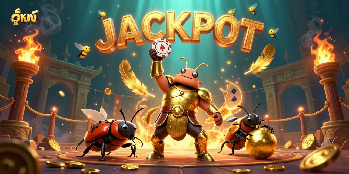Experience the thrill of ดูหนัง with a hercules beetle in a golden armor, celebrating a jackpot in this vibrant casino scene.