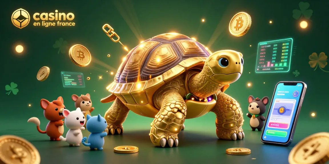 Jouer dans un casino en ligne France avec une tortue géante en machine à billes illuminée et des pièces de Bitcoin flottantes.