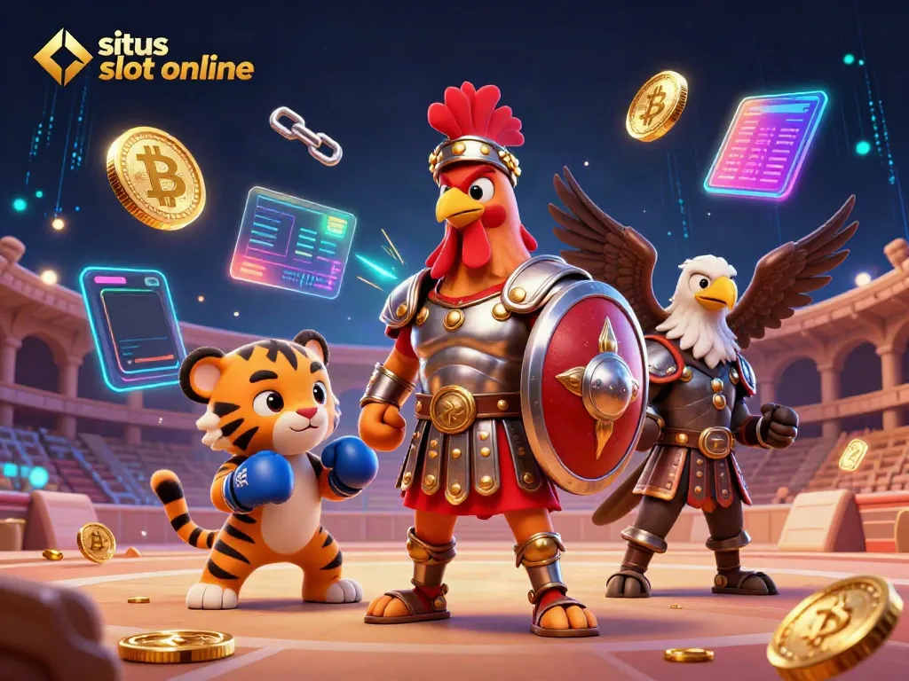 Gambaran situs slot online dengan karakter ayam jantan dan kucing harimau di arena.