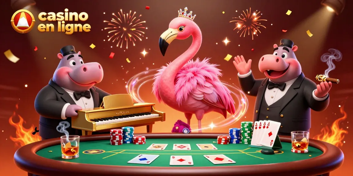Profitez d'une expérience de jeu de casino en ligne captivante avec des personnages animés dans une scène festive.