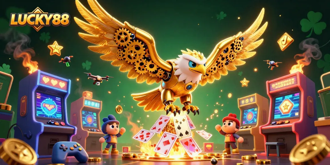 LUCKY88 immerses players in an energetic casino realm filled with holographic cards and vibrant game machines.