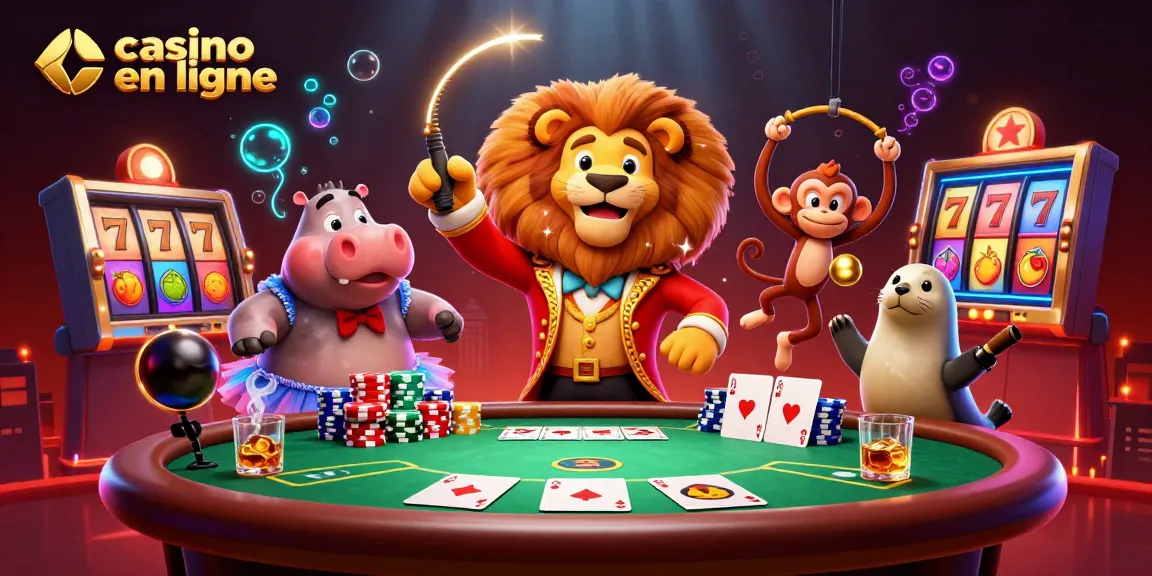 Jeux excitants de casino en ligne avec un lion, un hippopotame, un singe et un phoque jouant ensemble.