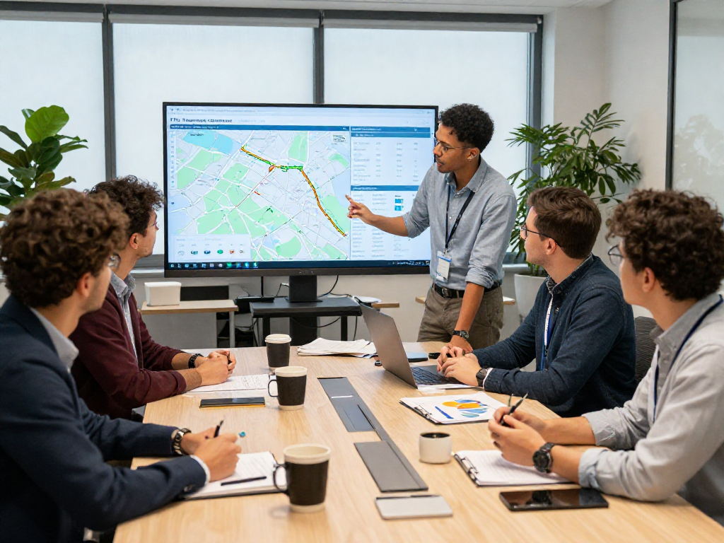 FTL Transport in Dortmund - Besprechung im Logistikbüro mit Team, moderne Präsentation von Transportplänen.