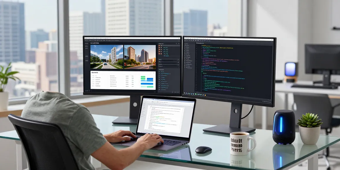 The ai image detector workspace features dual monitors displaying analysis results and algorithms in a modern office setting.
