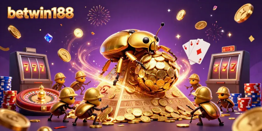 Gambarkan permainan slot di BETWIN188 dengan animasi unik dan coin emas bertebaran.