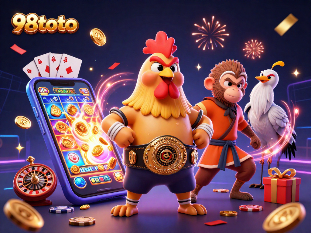 Menangkan permainan di 98toto dengan ilustrasi 3D karakter ayam Muay Thai, monyet Shaolin, dan master bangau.