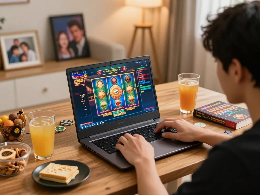 Engaging online player enjoying situs slot gacor games on a laptop in a cozy setting