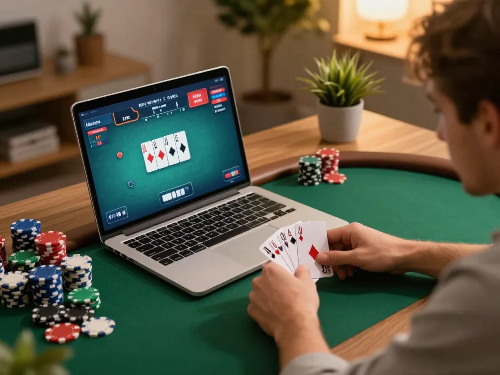 Engaging moment at u888 online poker game with colorful chips and cards