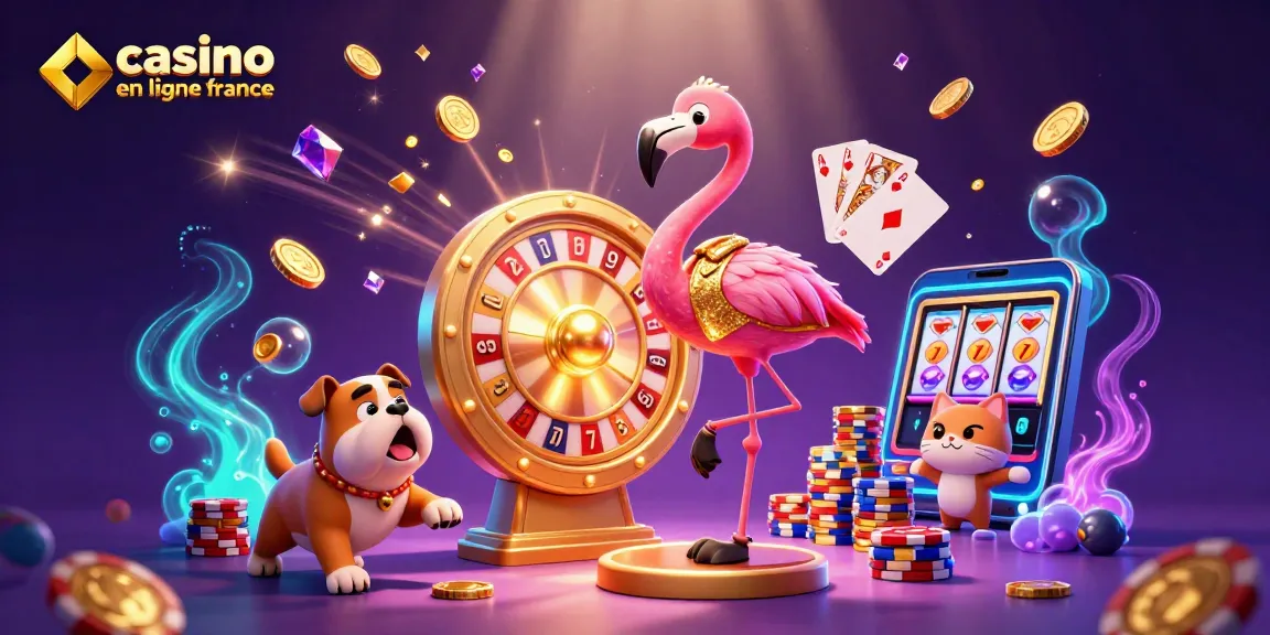 Image dynamique représentant le jeu de casino en ligne en France avec un flamant rose animateur, un bulldog et des récompenses sous des pièces d'or scintillantes.