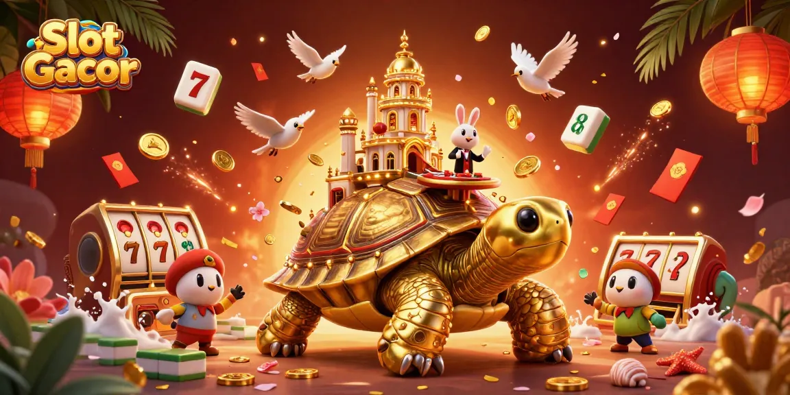 Slot Gacor menampilkan kura-kura emas raksasa dan dealer kelinci di kasino bergaya kartun.